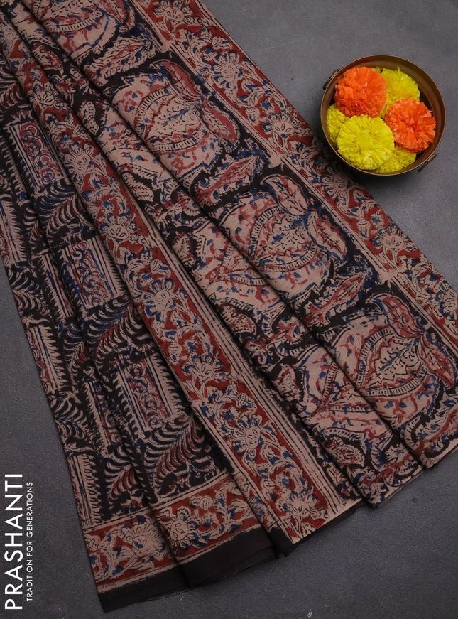 Kalamkari cotton saree black and maroon with allover block prints and printed border