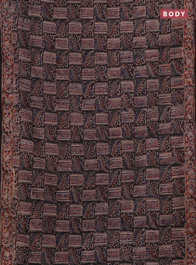 Kalamkari cotton saree black and maroon with allover block prints and printed border