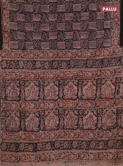 Kalamkari cotton saree black and maroon with allover block prints and printed border