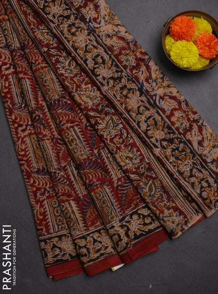 Kalamkari cotton saree maroon and black with allover block prints and printed border