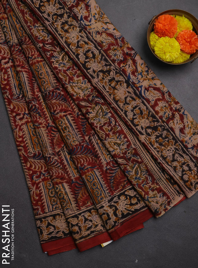 Kalamkari cotton saree maroon and black with allover block prints and printed border