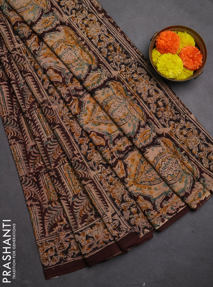 Kalamkari cotton saree coffee brown and black with allover block prints and printed border