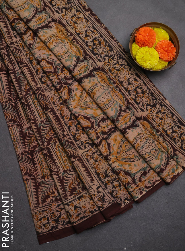 Kalamkari cotton saree coffee brown and black with allover block prints and printed border