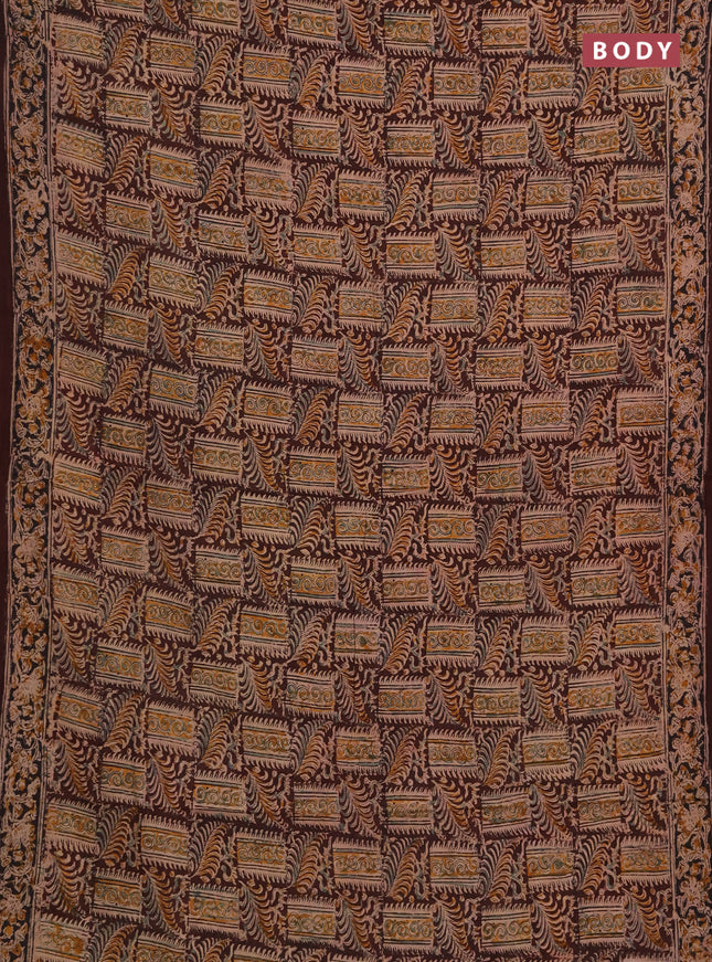 Kalamkari cotton saree coffee brown and black with allover block prints and printed border