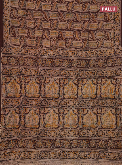 Kalamkari cotton saree coffee brown and black with allover block prints and printed border