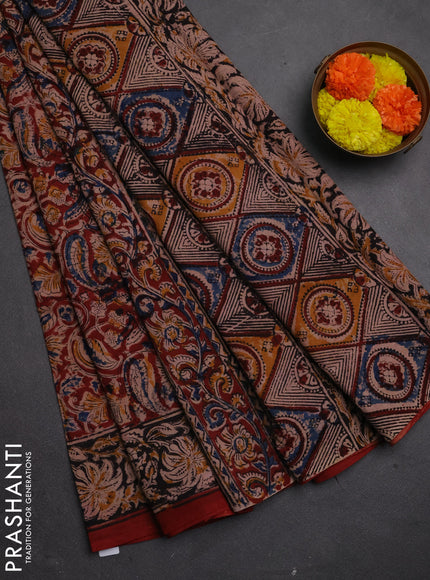 Kalamkari cotton saree maroon and black with allover block prints and printed border