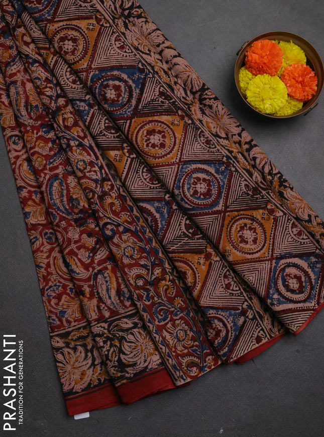 Kalamkari cotton saree maroon and black with allover block prints and printed border