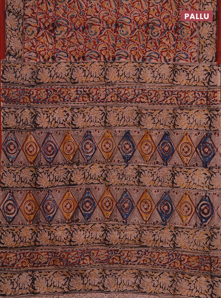 Kalamkari cotton saree maroon and black with allover block prints and printed border