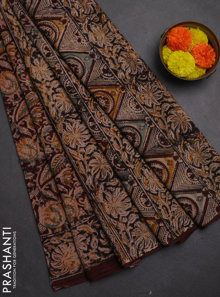 Kalamkari cotton saree deep wine and black with allover block prints and printed border