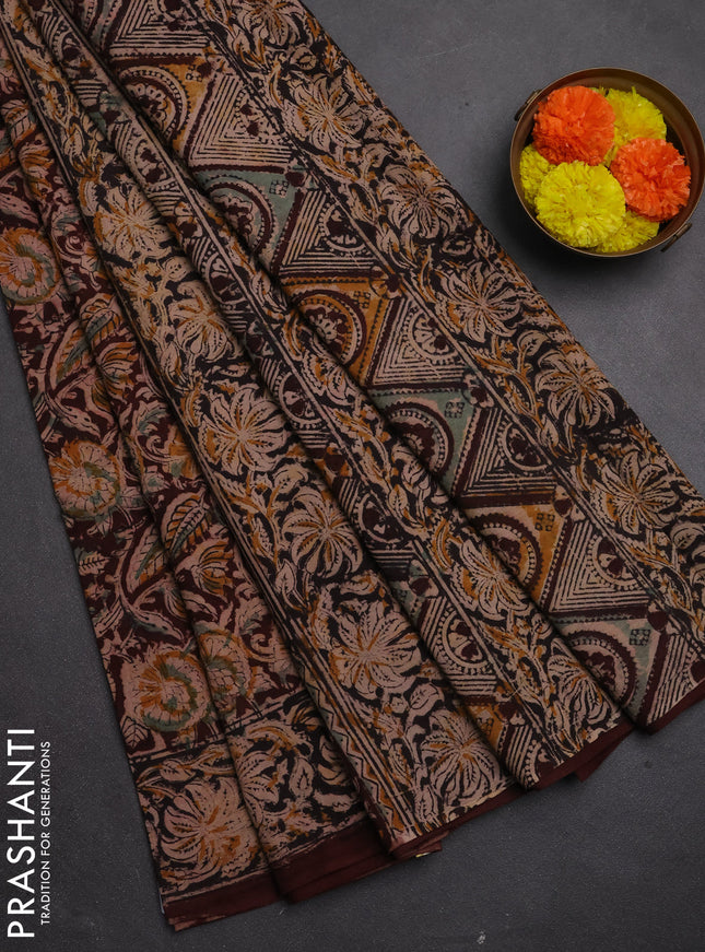 Kalamkari cotton saree deep wine and black with allover block prints and printed border
