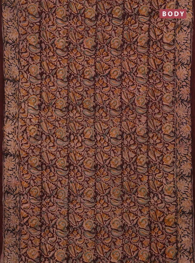 Kalamkari cotton saree deep wine and black with allover block prints and printed border
