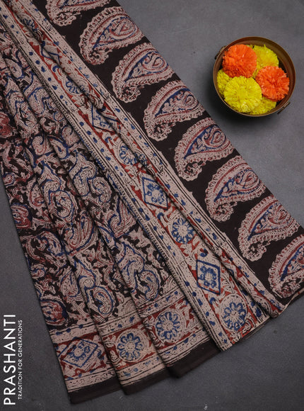 Kalamkari cotton saree black and maroon with allover block prints and printed border