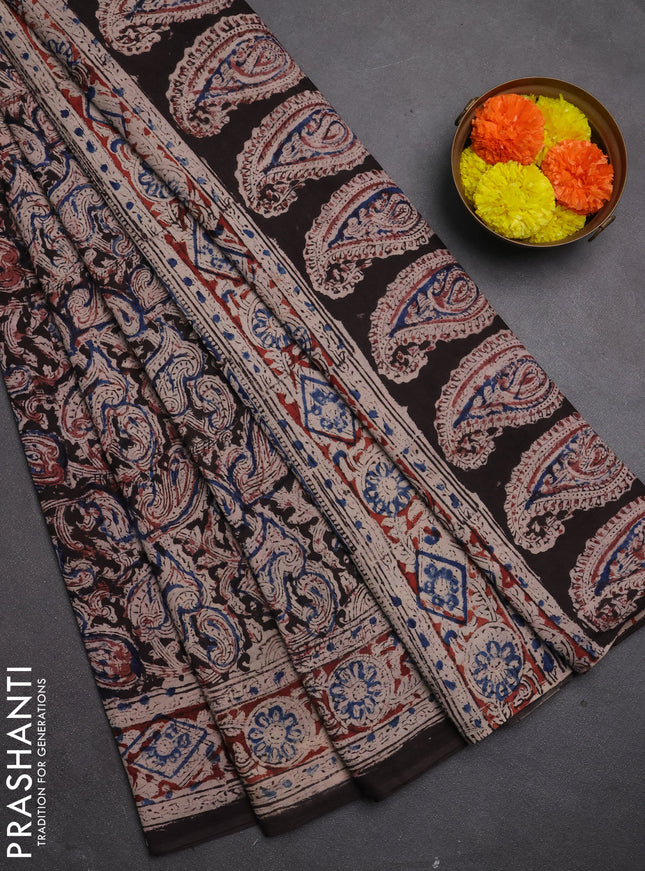 Kalamkari cotton saree black and maroon with allover block prints and printed border