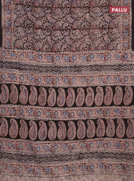 Kalamkari cotton saree black and maroon with allover block prints and printed border