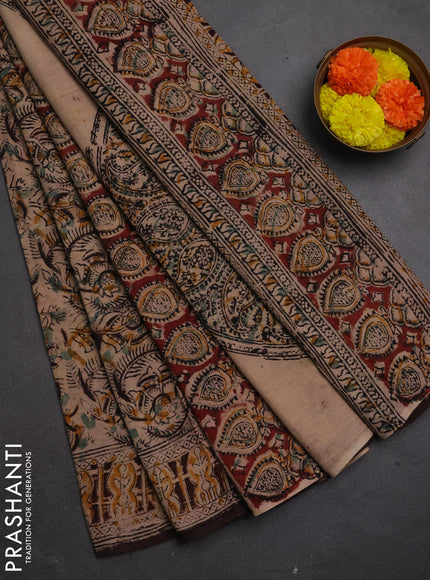 Kalamkari cotton saree coffee brown with allover block prints and printed border