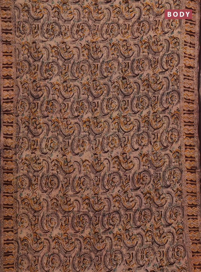 Kalamkari cotton saree coffee brown with allover block prints and printed border
