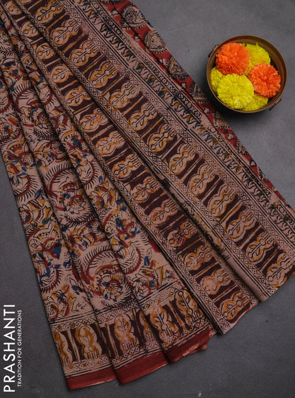 Kalamkari cotton saree maroon and coffe brown with allover block prints and printed border