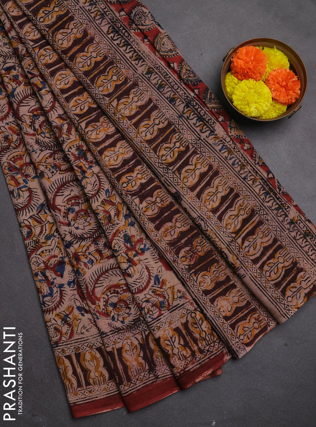 Kalamkari cotton saree maroon and coffe brown with allover block prints and printed border