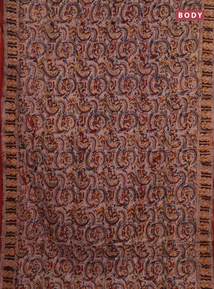 Kalamkari cotton saree maroon and coffe brown with allover block prints and printed border