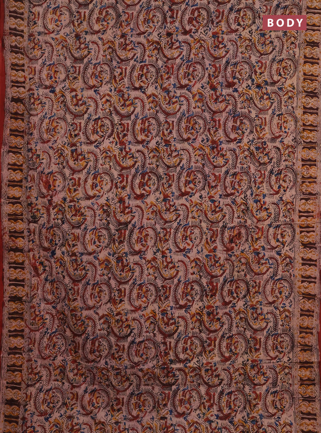 Kalamkari cotton saree maroon and coffe brown with allover block prints and printed border