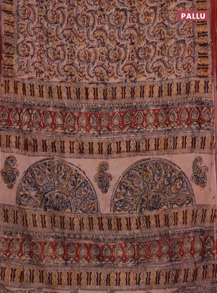 Kalamkari cotton saree maroon and coffe brown with allover block prints and printed border