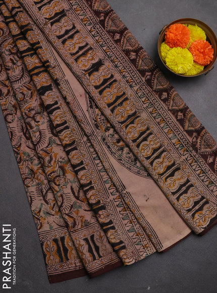 Kalamkari cotton saree coffee brown and black with allover block prints and printed border