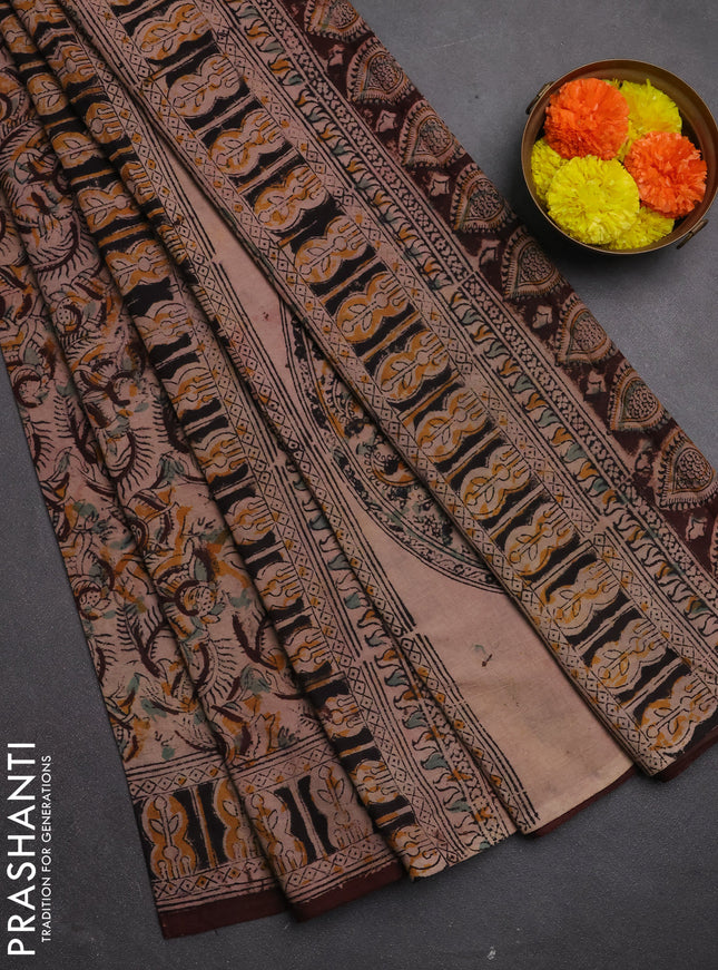 Kalamkari cotton saree coffee brown and black with allover block prints and printed border
