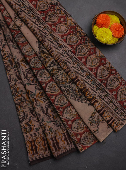 Kalamkari cotton saree coffee brown with allover block prints and printed border