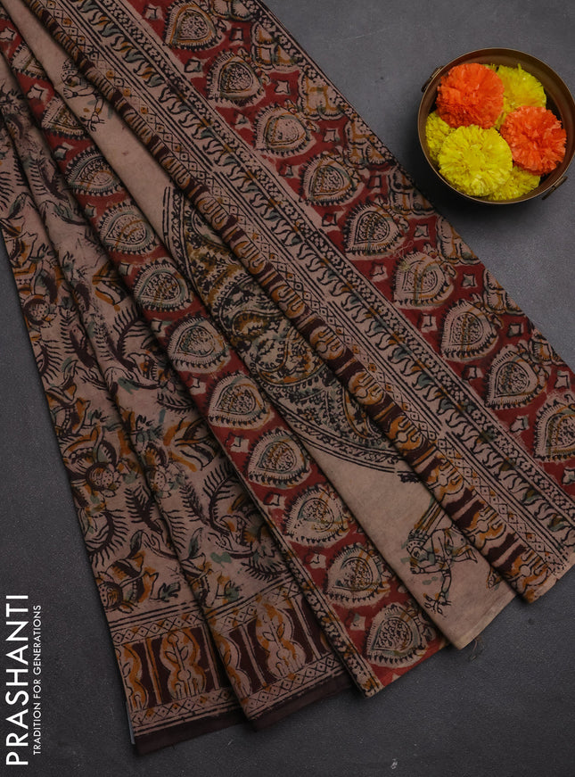 Kalamkari cotton saree coffee brown with allover block prints and printed border