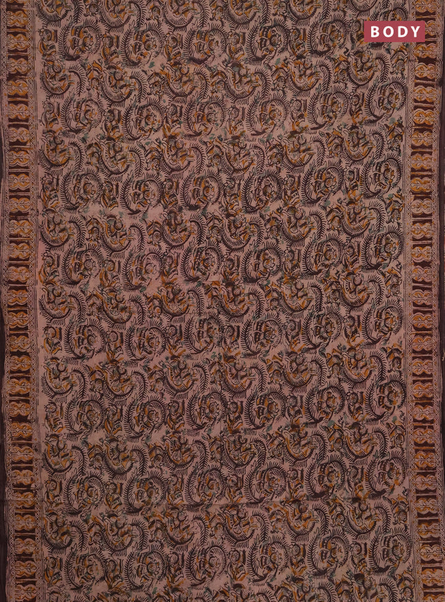 Kalamkari cotton saree coffee brown with allover block prints and printed border