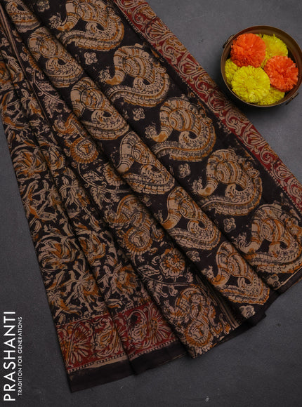 Kalamkari cotton saree black and maroon with allover block prints and printed border