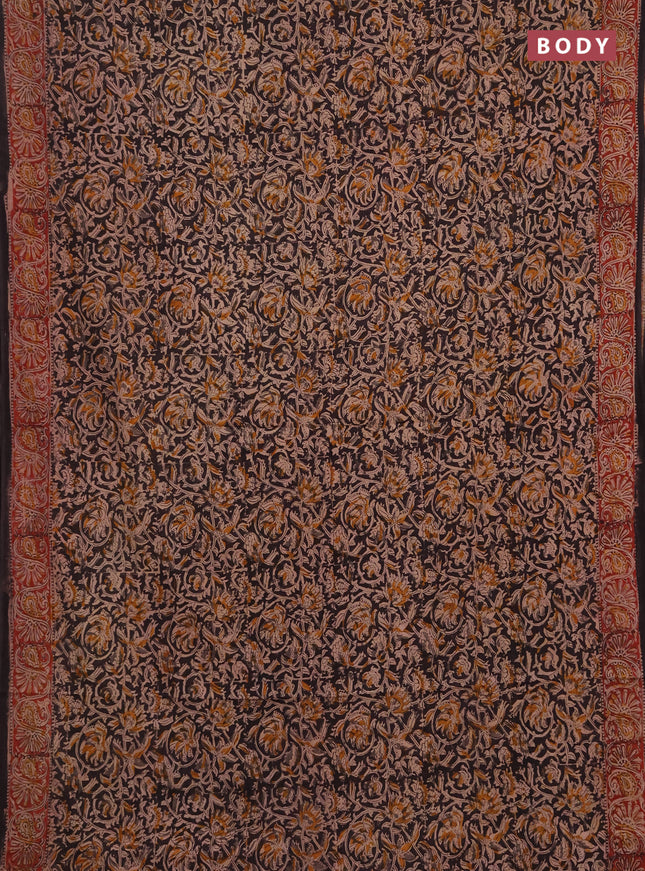 Kalamkari cotton saree black and maroon with allover block prints and printed border