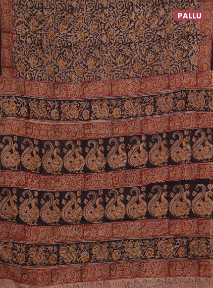 Kalamkari cotton saree black and maroon with allover block prints and printed border