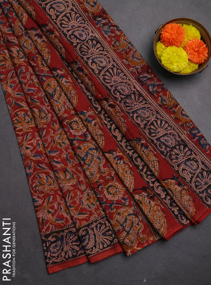 Kalamkari cotton saree maroon and black with allover block prints and printed border