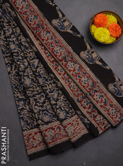 Kalamkari cotton saree black and maroon with allover block prints and printed border