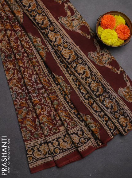 Kalamkari cotton saree coffee brown and black with allover block prints and printed border