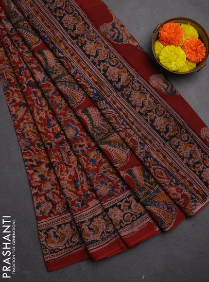 Kalamkari cotton saree maroon and black with allover block prints and printed border