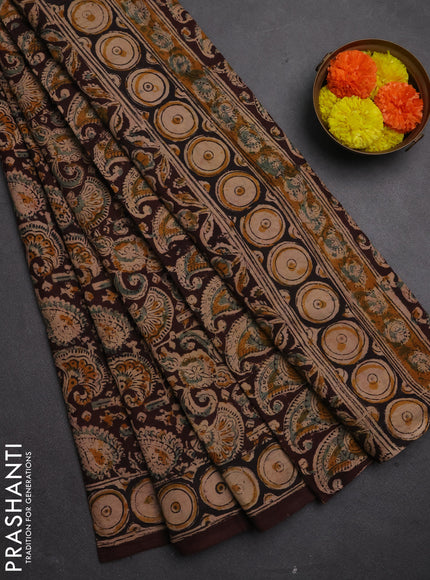 Kalamkari cotton saree coffee brown and black with allover block prints and printed border