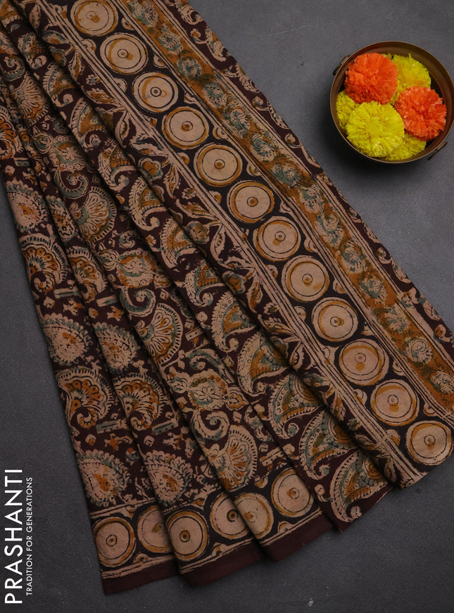 Kalamkari cotton saree coffee brown and black with allover block prints and printed border