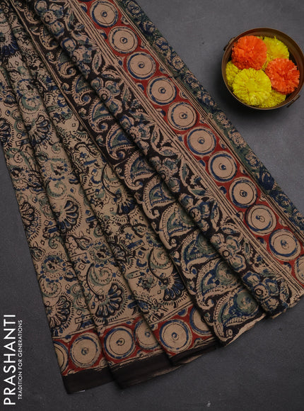 Kalamkari cotton saree beige blue and maroon with allover block prints and printed border