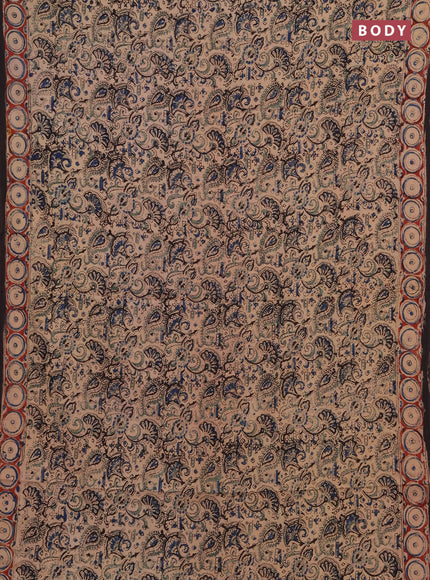 Kalamkari cotton saree beige blue and maroon with allover block prints and printed border