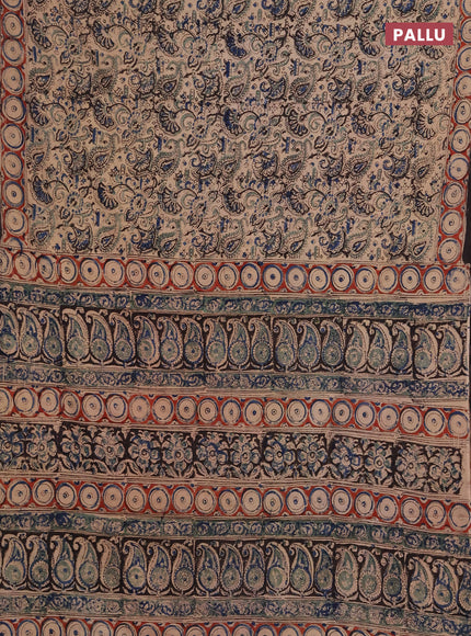 Kalamkari cotton saree beige blue and maroon with allover block prints and printed border