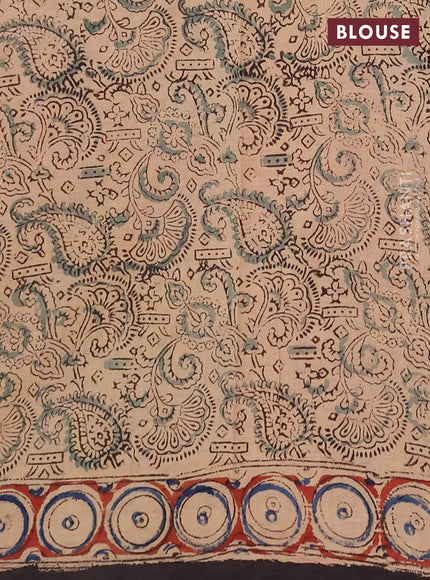 Kalamkari cotton saree beige blue and maroon with allover block prints and printed border