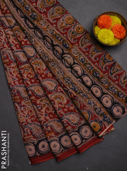 Kalamkari cotton saree maroon and black with allover block prints and printed border