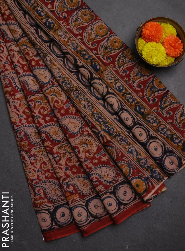 Kalamkari cotton saree maroon and black with allover block prints and printed border
