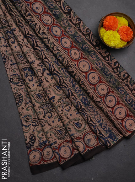 Kalamkari cotton saree beige blue and maroon with allover block prints and printed border