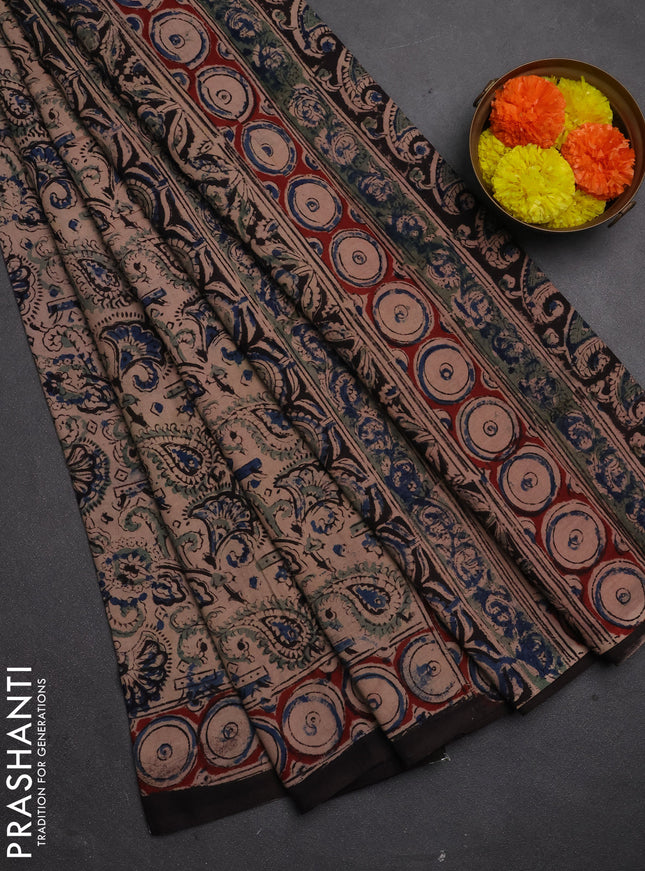 Kalamkari cotton saree beige blue and maroon with allover block prints and printed border