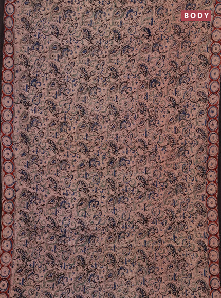Kalamkari cotton saree beige blue and maroon with allover block prints and printed border