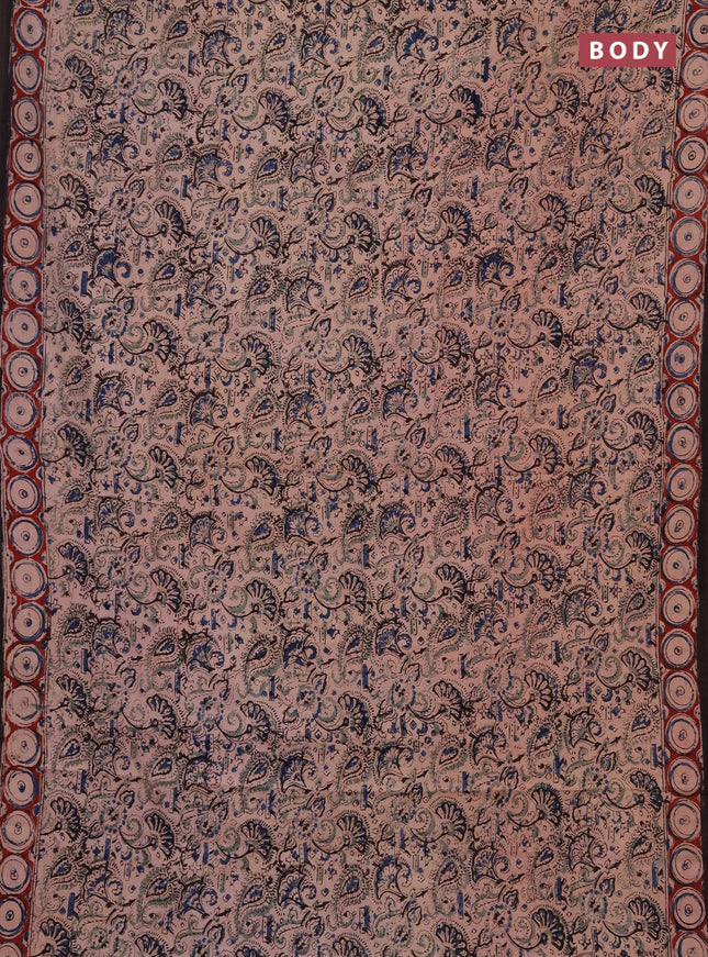 Kalamkari cotton saree beige blue and maroon with allover block prints and printed border