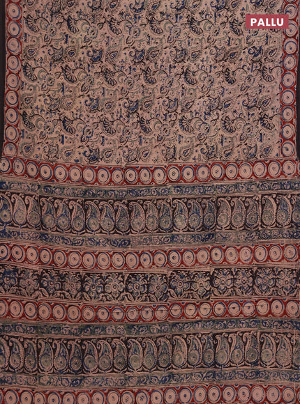 Kalamkari cotton saree beige blue and maroon with allover block prints and printed border